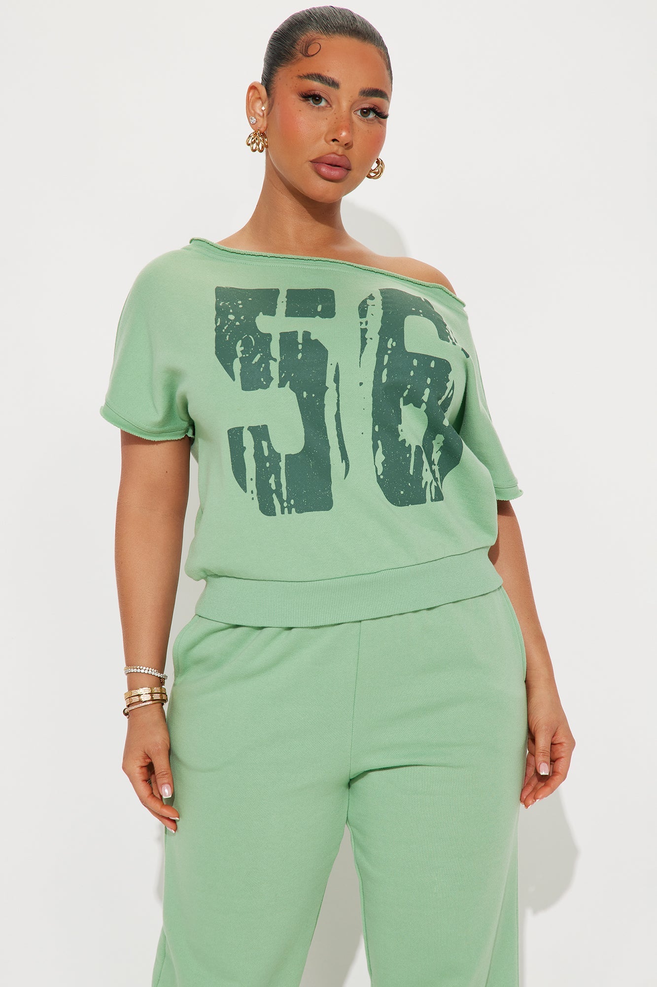 56 Off Shoulder Jogger Set - Sage