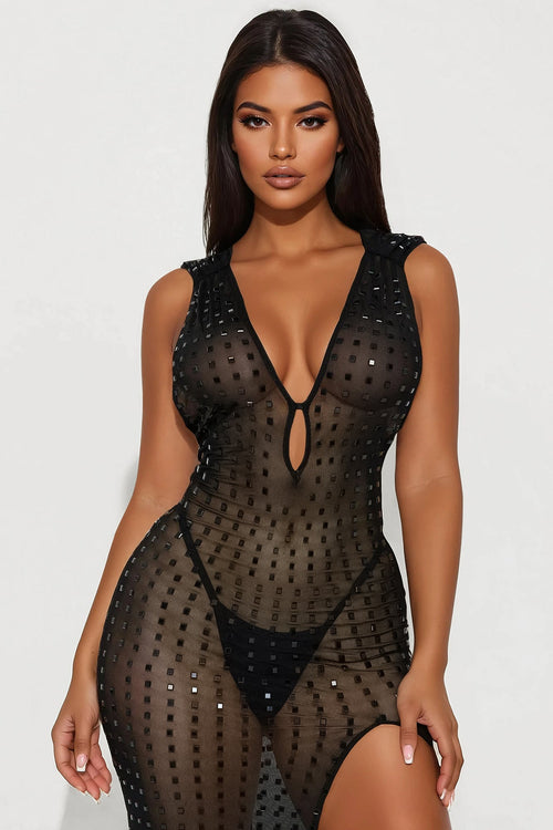 Alix Embellished Mesh Backless Maxi Dress - Black