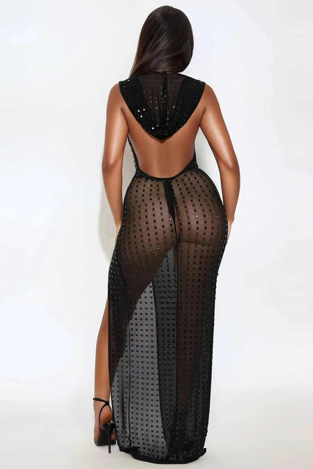 Alix Embellished Mesh Backless Maxi Dress - Black