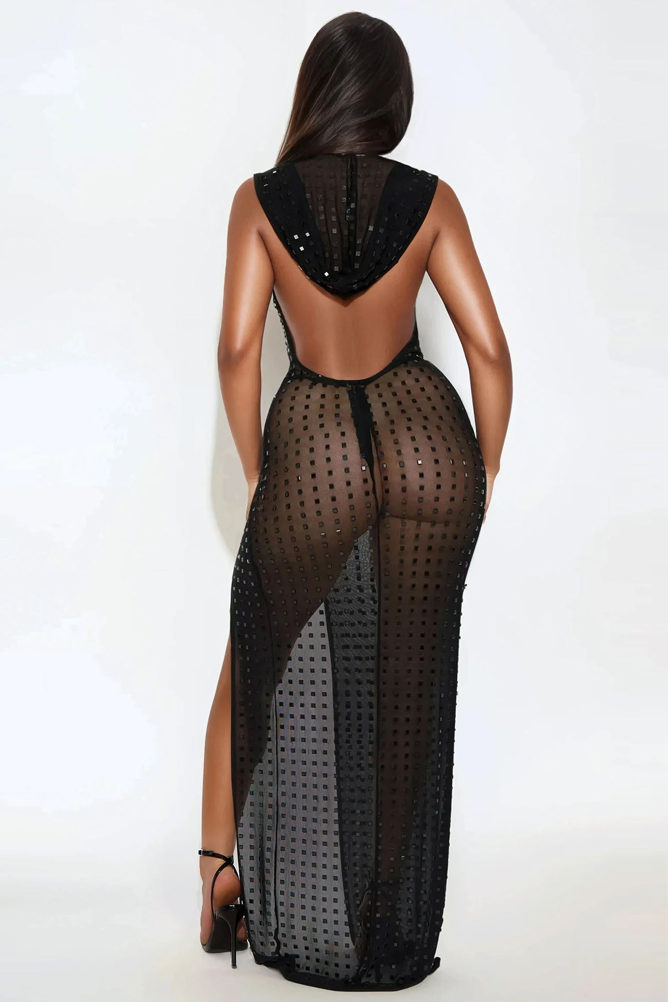 Alix Embellished Mesh Backless Maxi Dress - Black