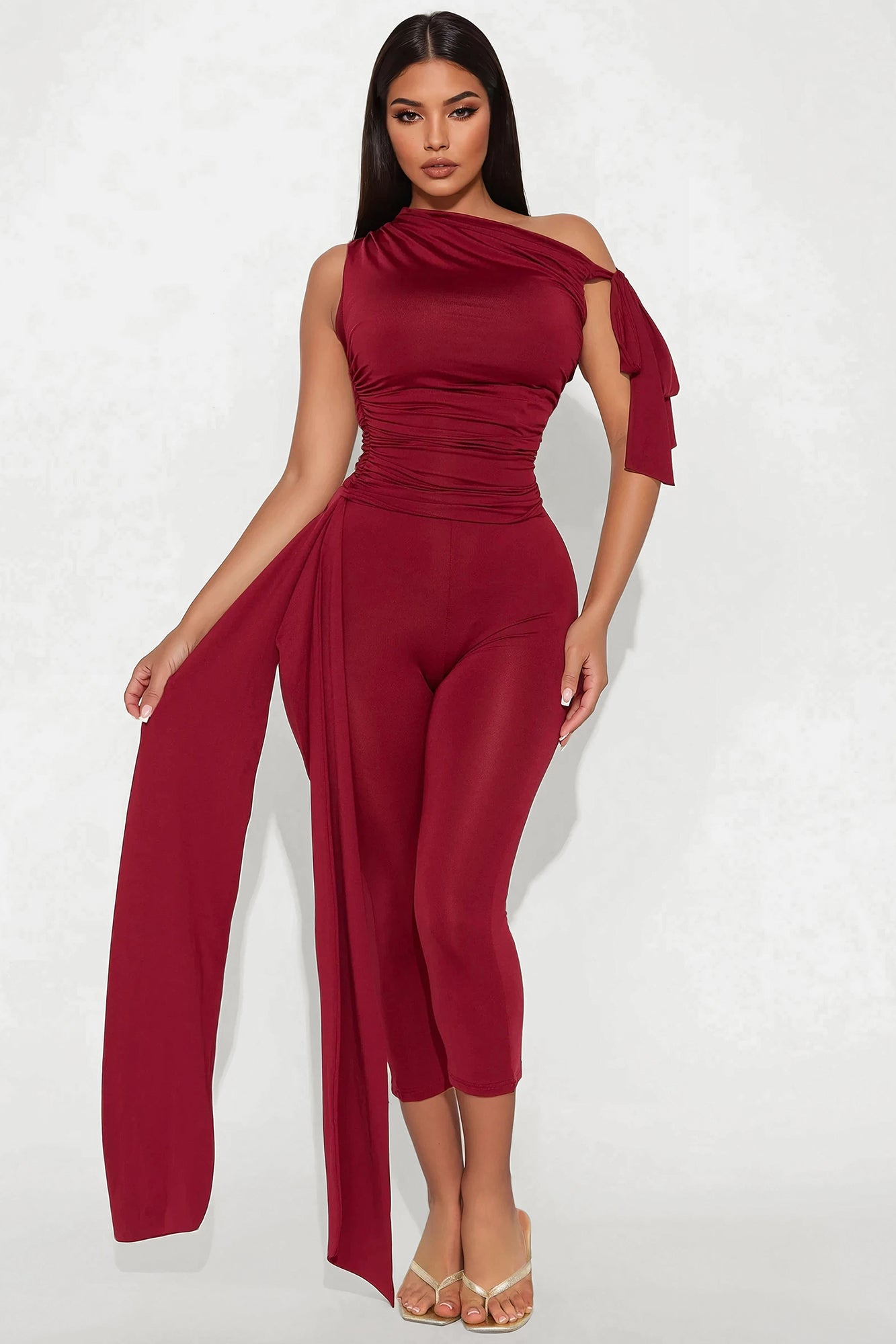 Bella Off Shoulder Top And Capri Set - Wine