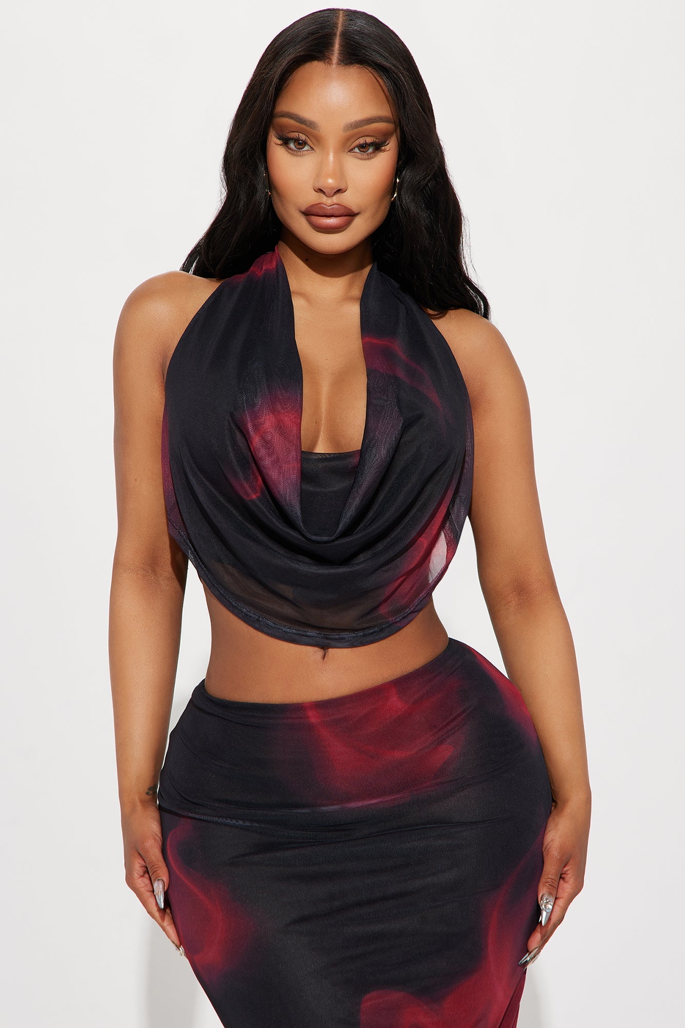 Selene Mesh Skirt Set - Black/Red