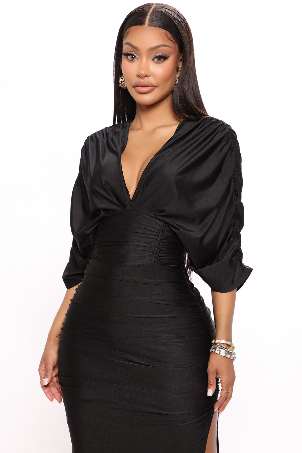 Mandy Ruched Midi Dress - Black