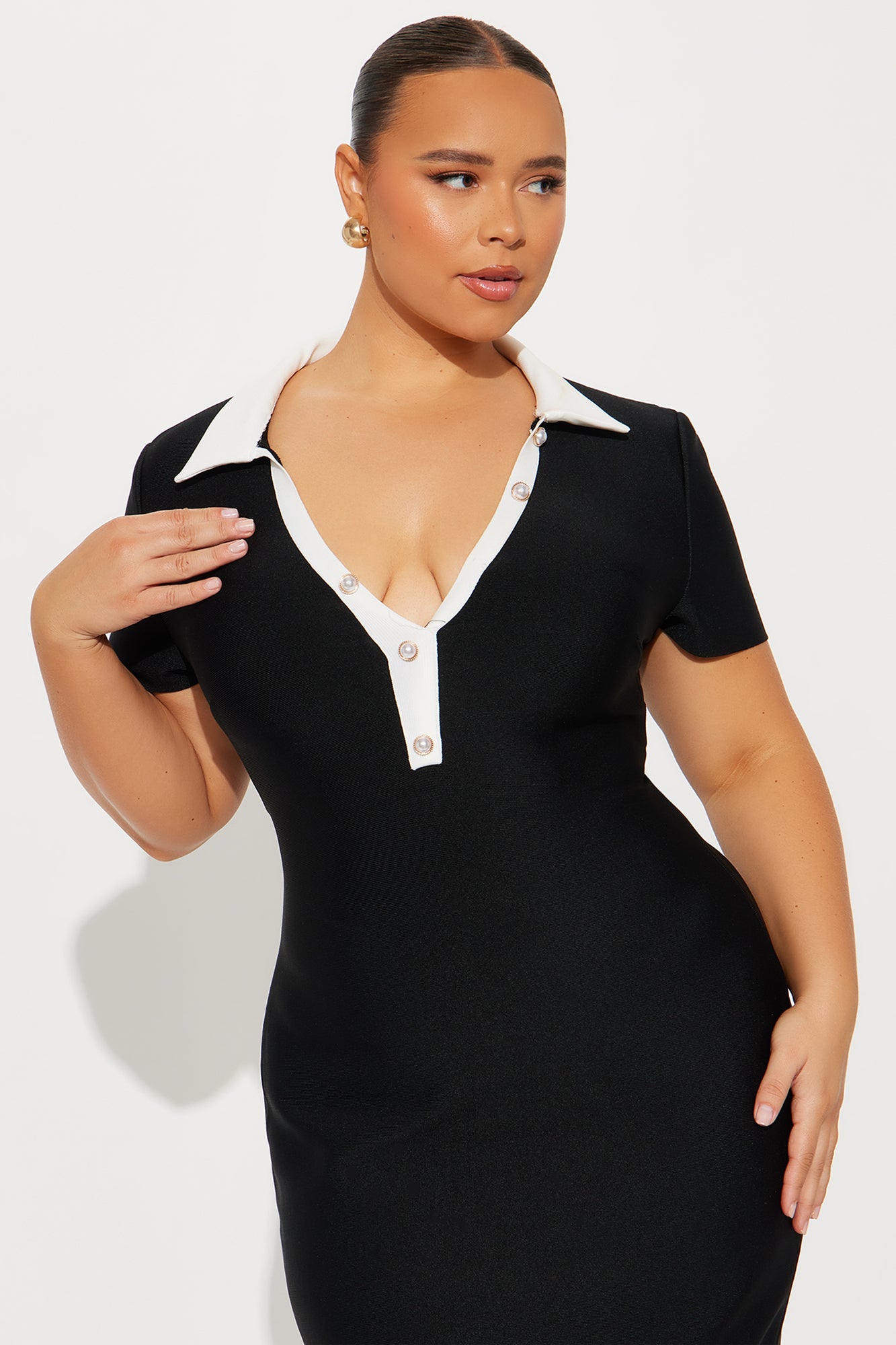 Alba Collared Bandage Midi Dress - Black