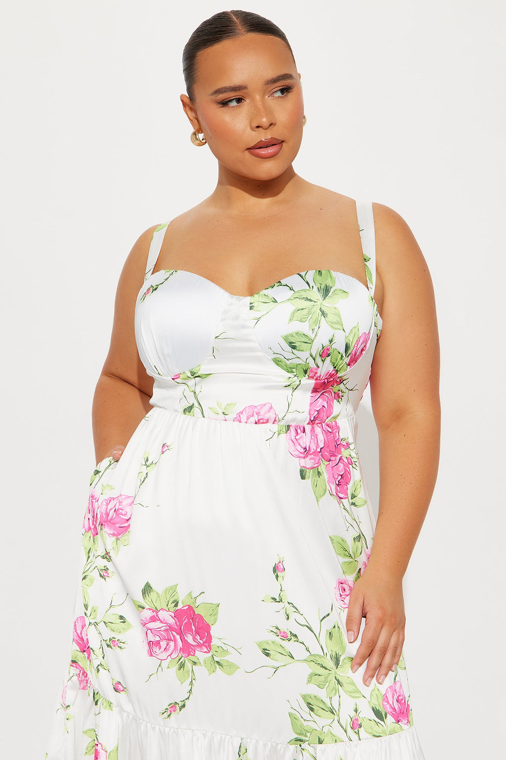 Fresh Roses Satin Floral Midi Dress - Multi Color
