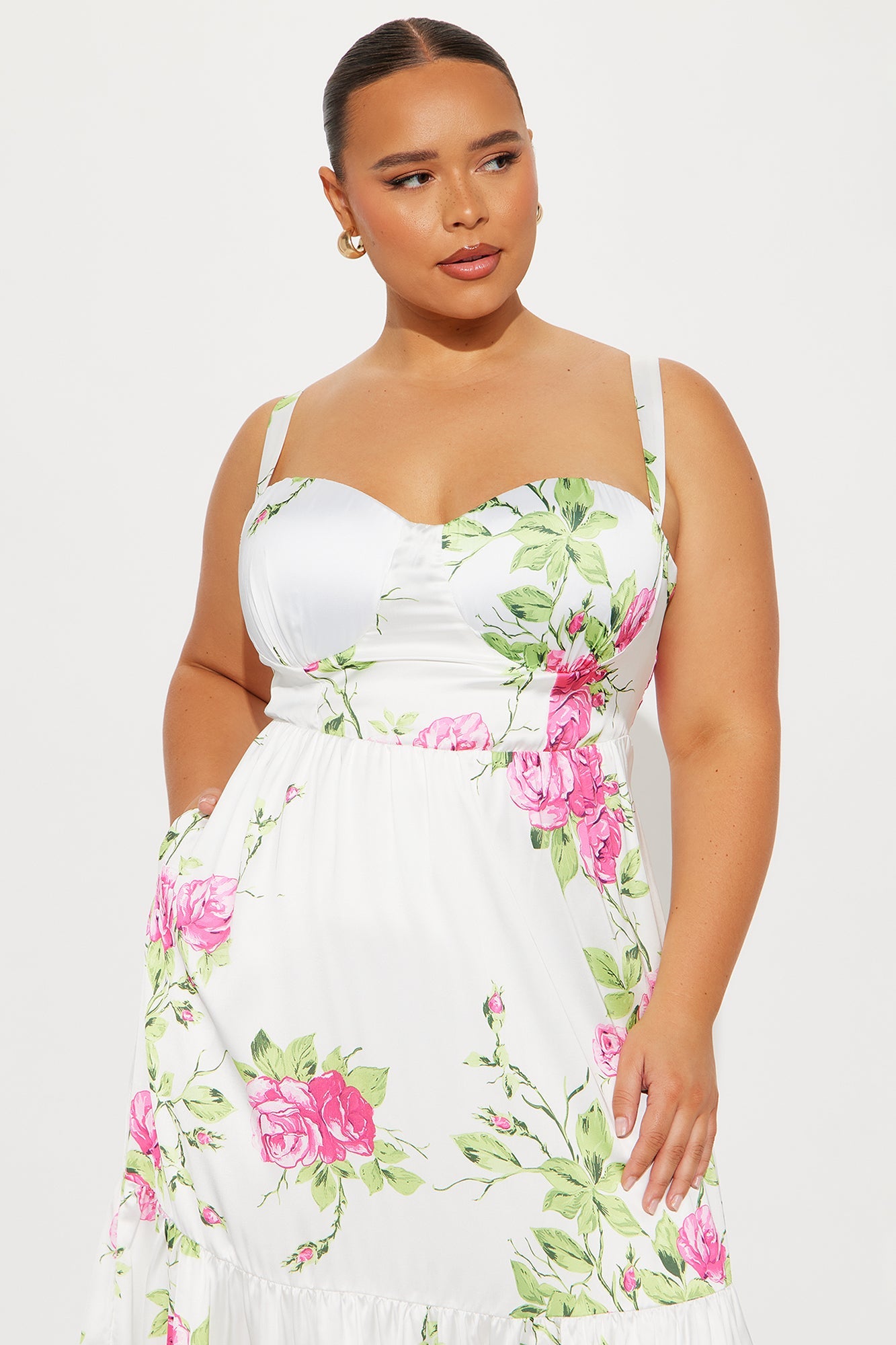 Fresh Roses Satin Floral Midi Dress - Multi Color
