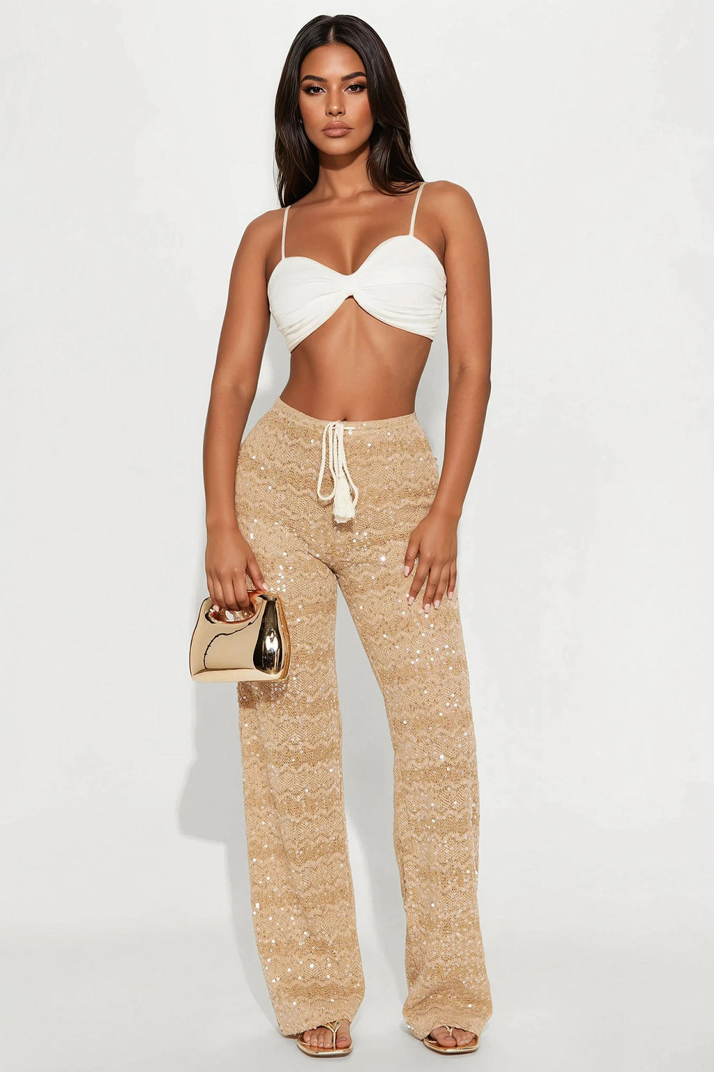 Nayelly Wide Leg Sequin Pant - Tan
