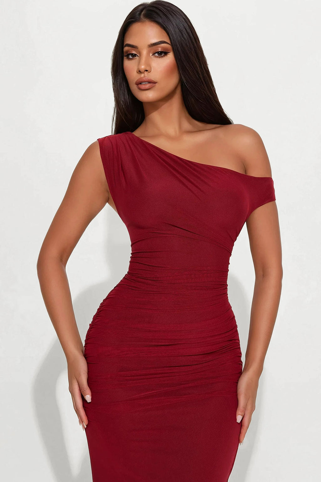 Ashtin Mesh One Shoulder Maxi Dress - Wine