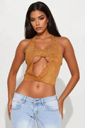 Desert Twister Faux Suede Cut Out Halter Top - Camel