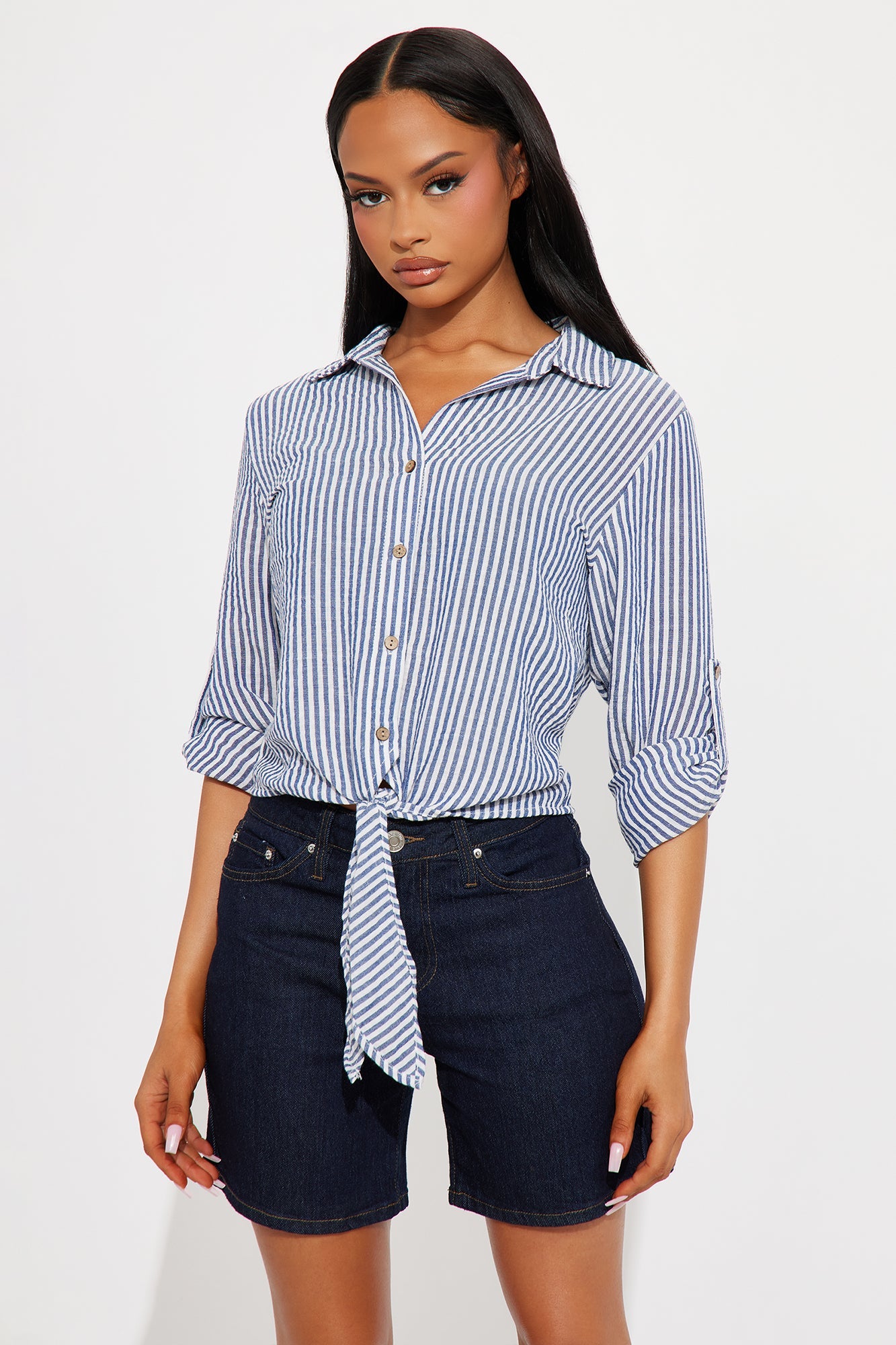 Mylie Tie Front Striped Shirt - Navy/combo