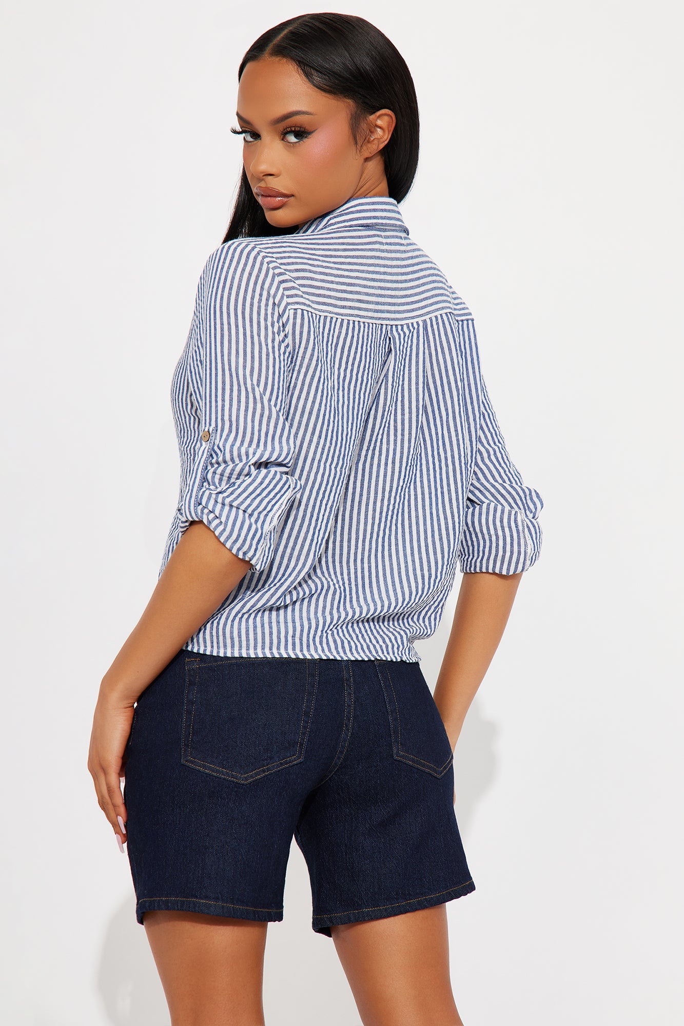 Mylie Tie Front Striped Shirt - Navy/combo