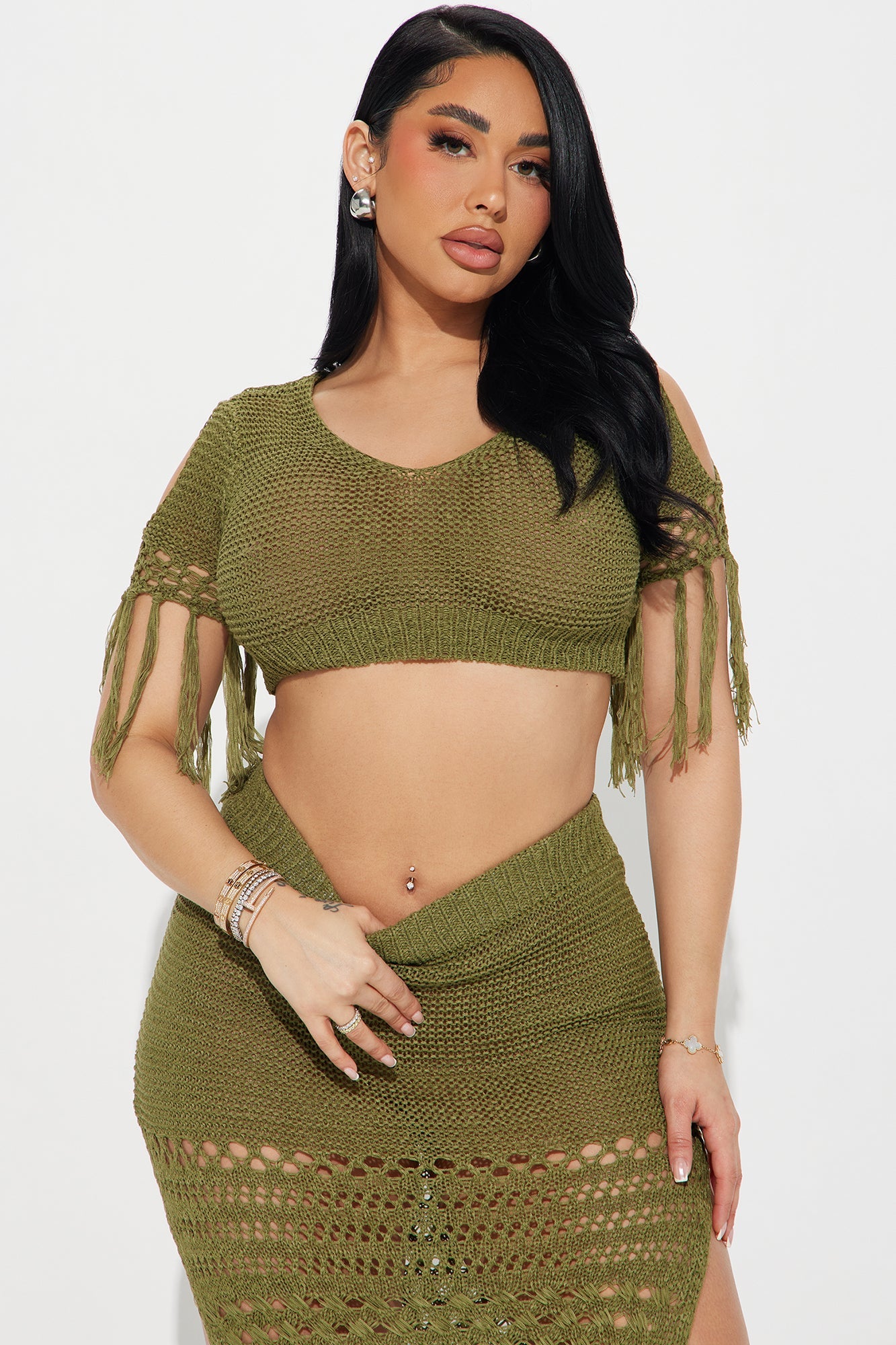 Get Away With It Crochet Skirt Set - Olive