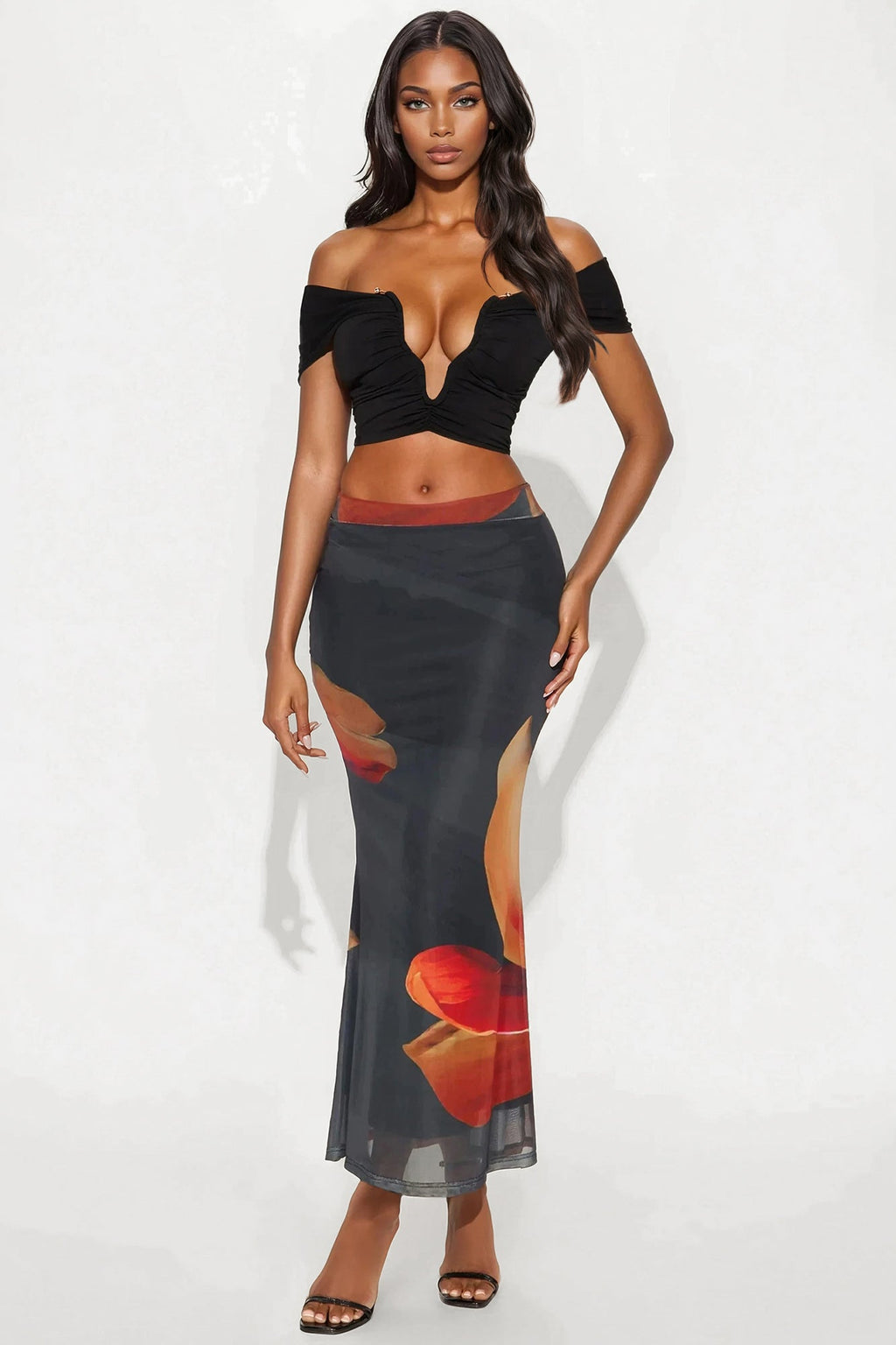 Into The Night Floral Mesh Maxi Skirt - Black/Orange