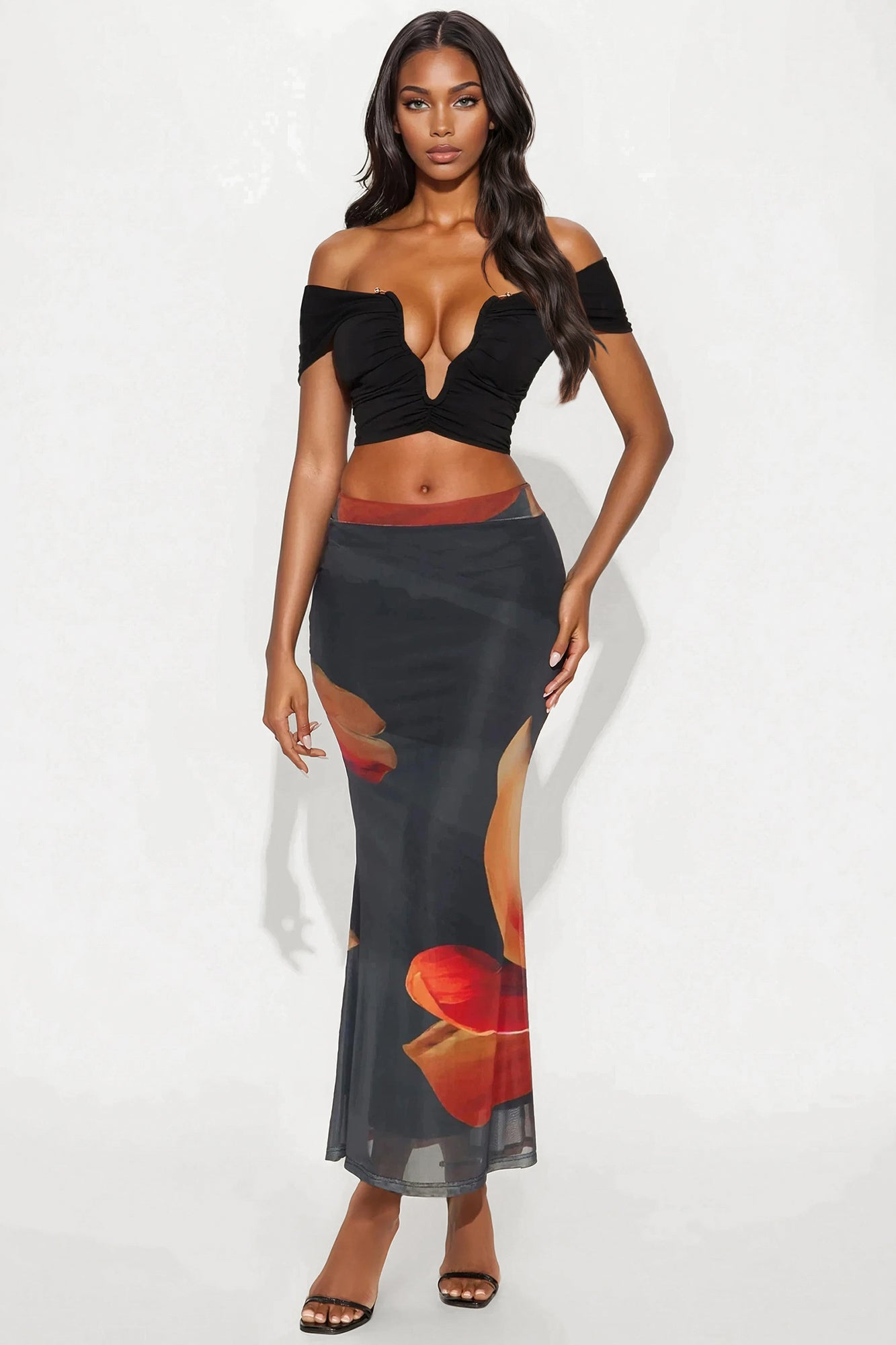 Into The Night Floral Mesh Maxi Skirt - Black/Orange