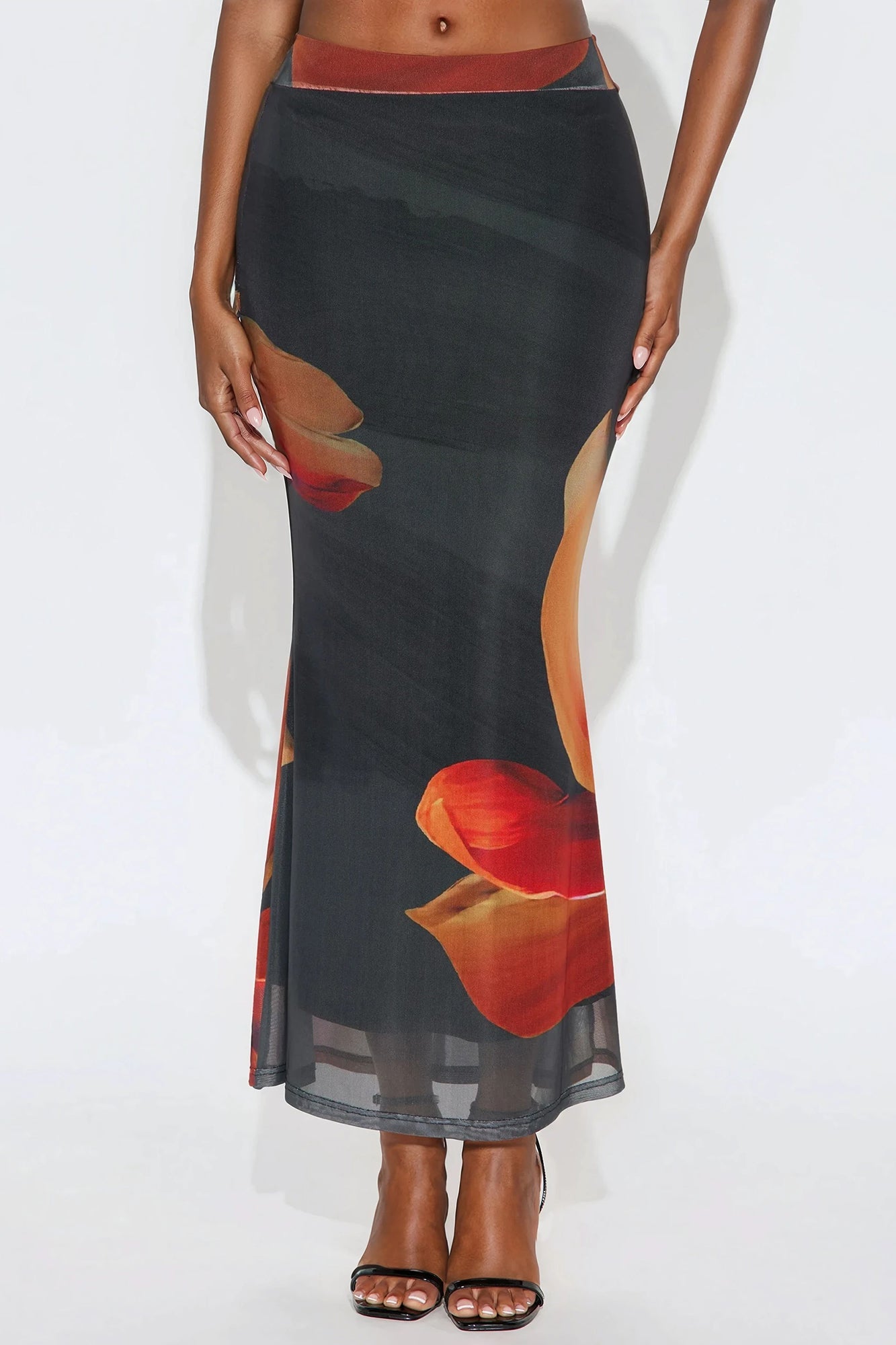 Into The Night Floral Mesh Maxi Skirt - Black/Orange
