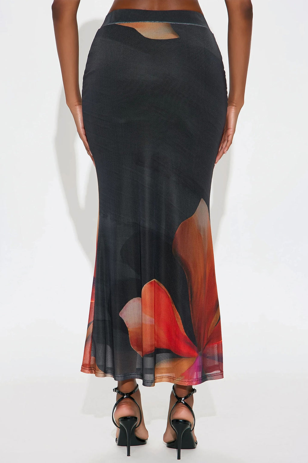 Into The Night Floral Mesh Maxi Skirt - Black/Orange