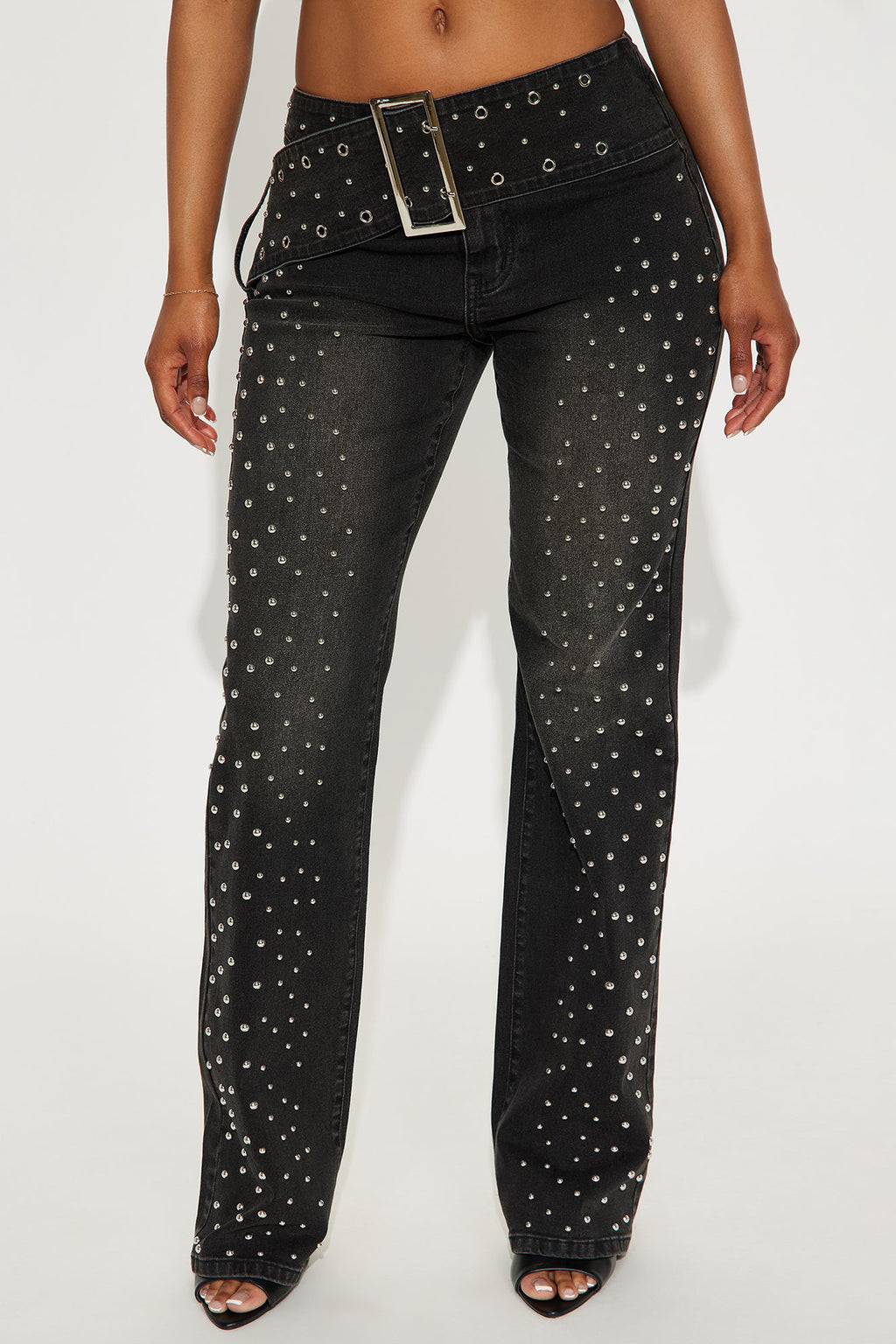 Let's Get It Studded Mid Rise Flare Jeans - Black Wash