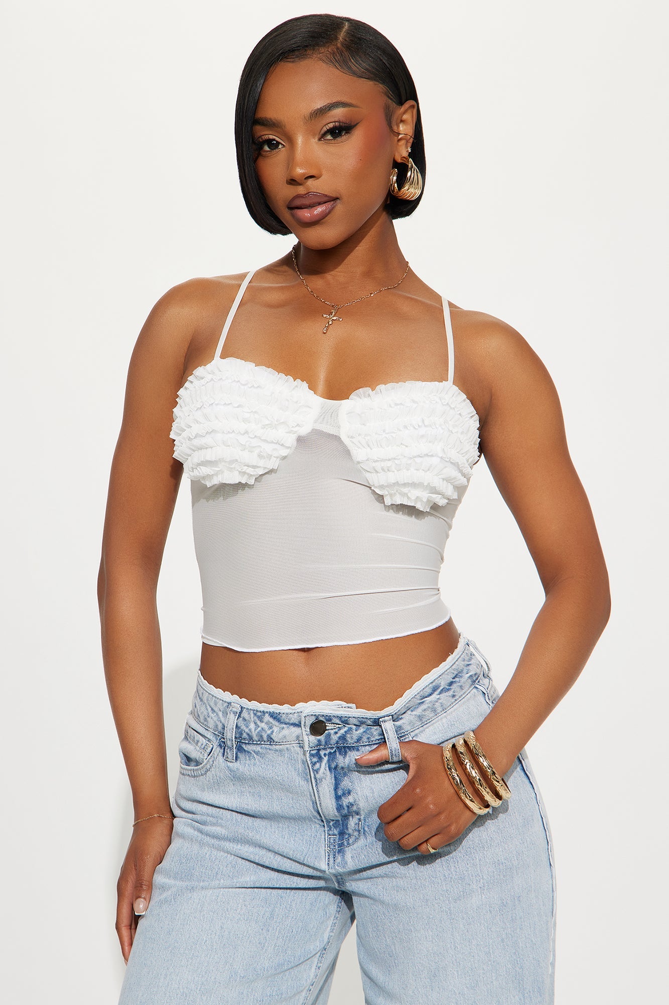 Magic Moment Mesh Ruffle Cami Top - Off White
