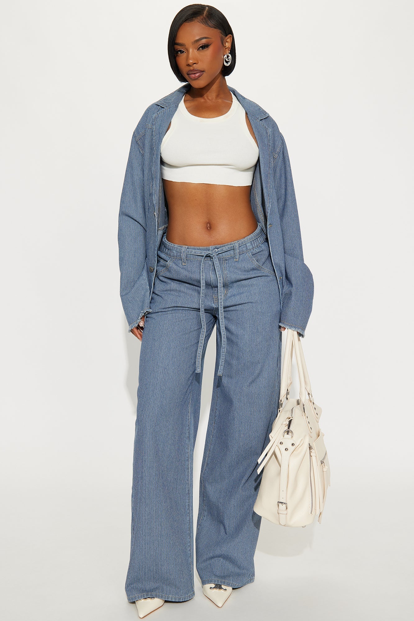 Laid Back Pinstripe Oversized Denim Blazer - Dark Wash
