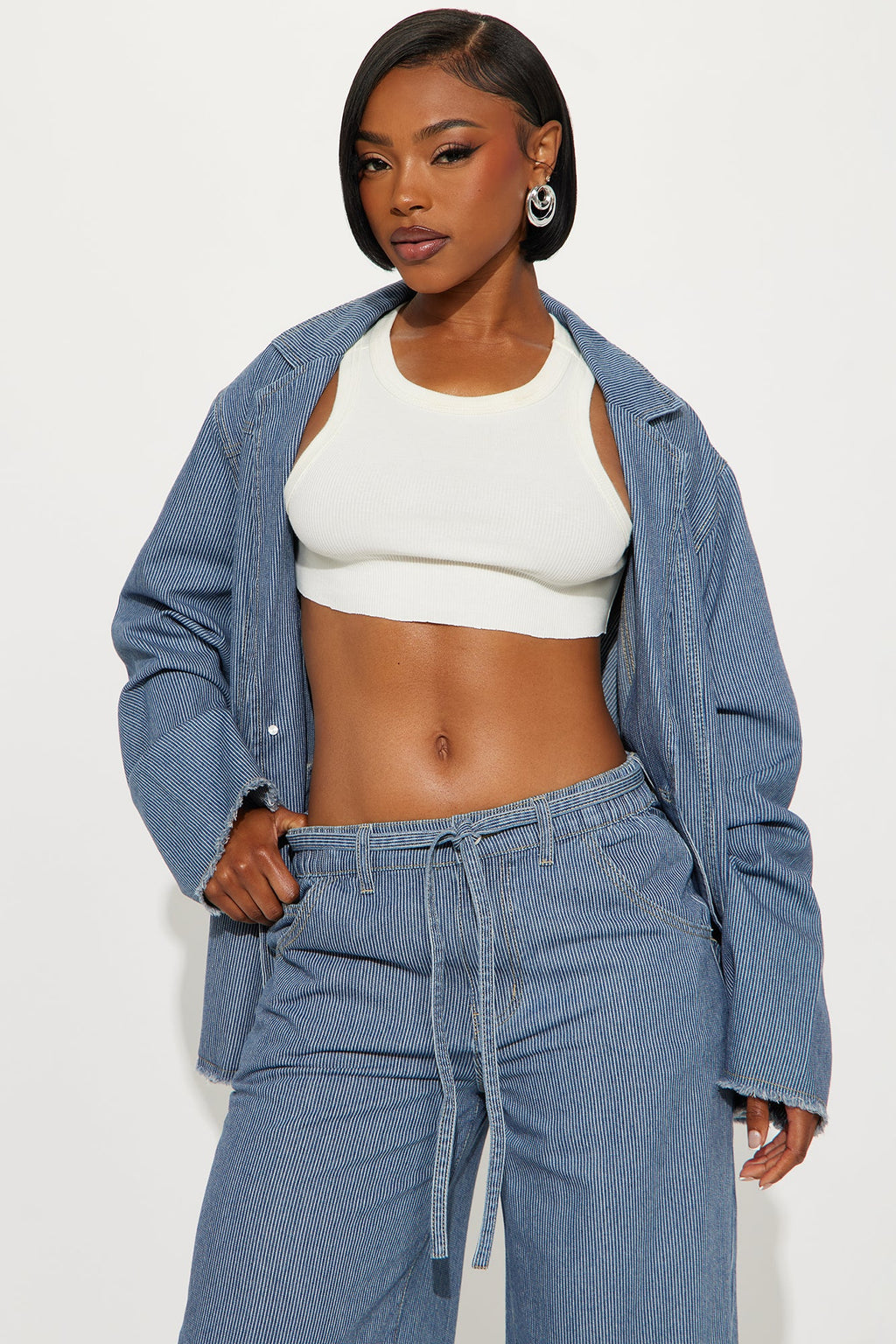 Laid Back Pinstripe Oversized Denim Blazer - Dark Wash