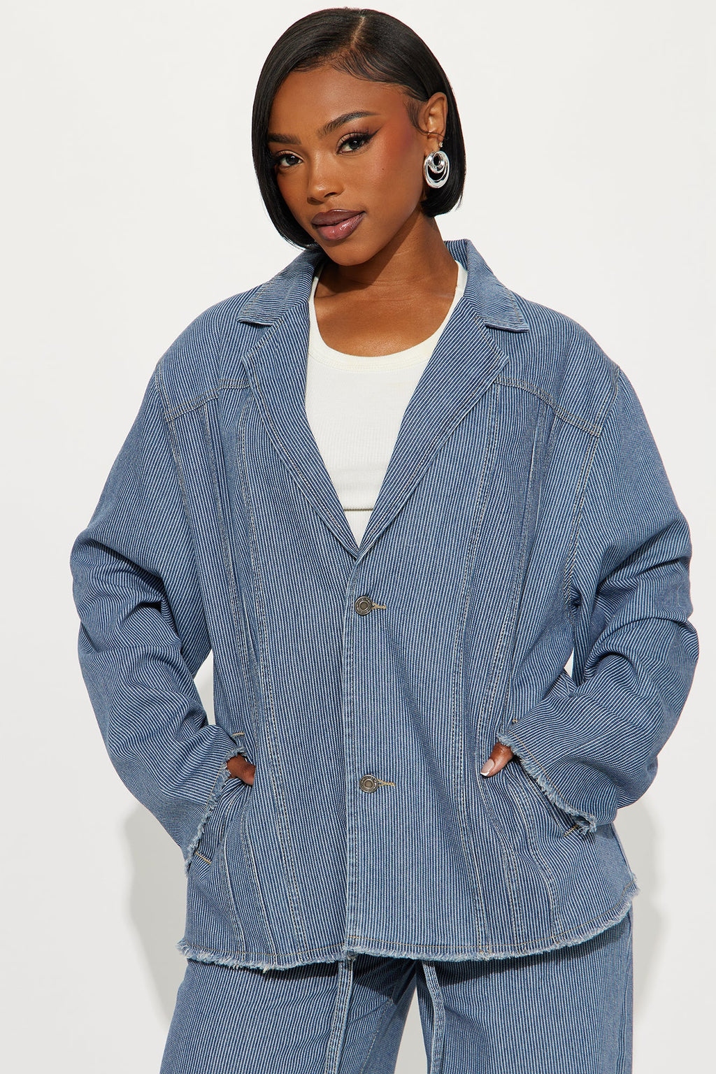 Laid Back Pinstripe Oversized Denim Blazer - Dark Wash