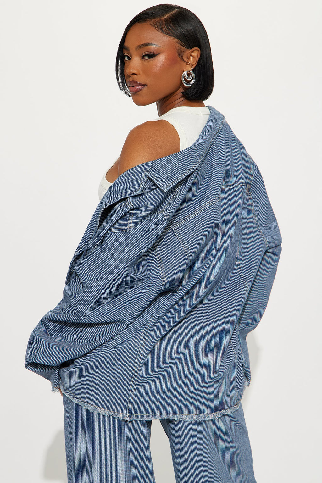 Laid Back Pinstripe Oversized Denim Blazer - Dark Wash