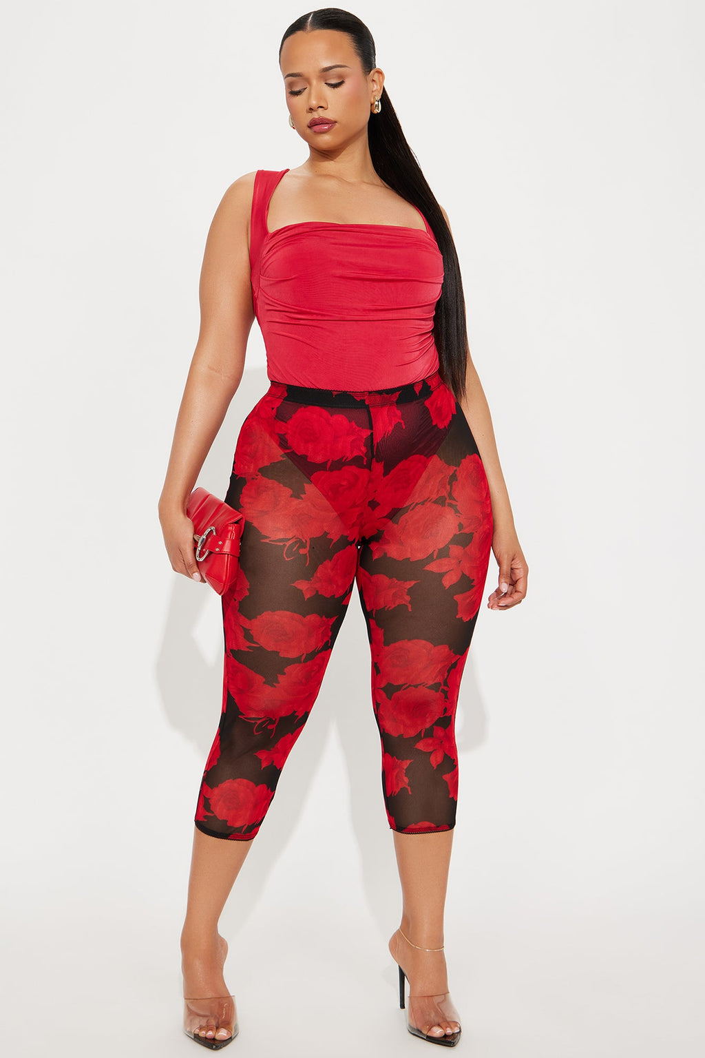 Melody Mesh Floral Capri Legging - Red/combo