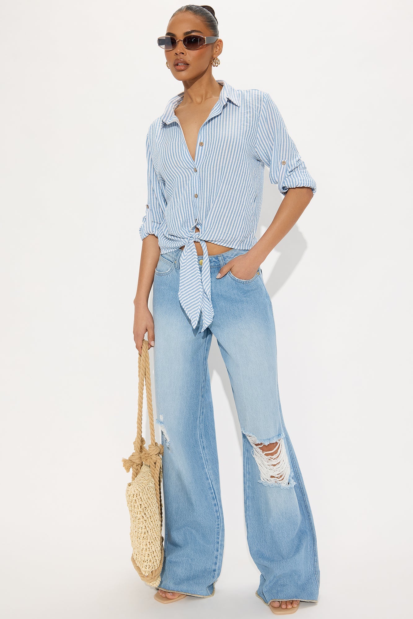 Mylie Tie Front Striped Shirt - White/Blue