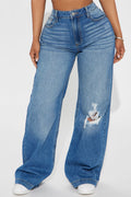 Khai Ripped Wide Leg Jeans - Medium Wash