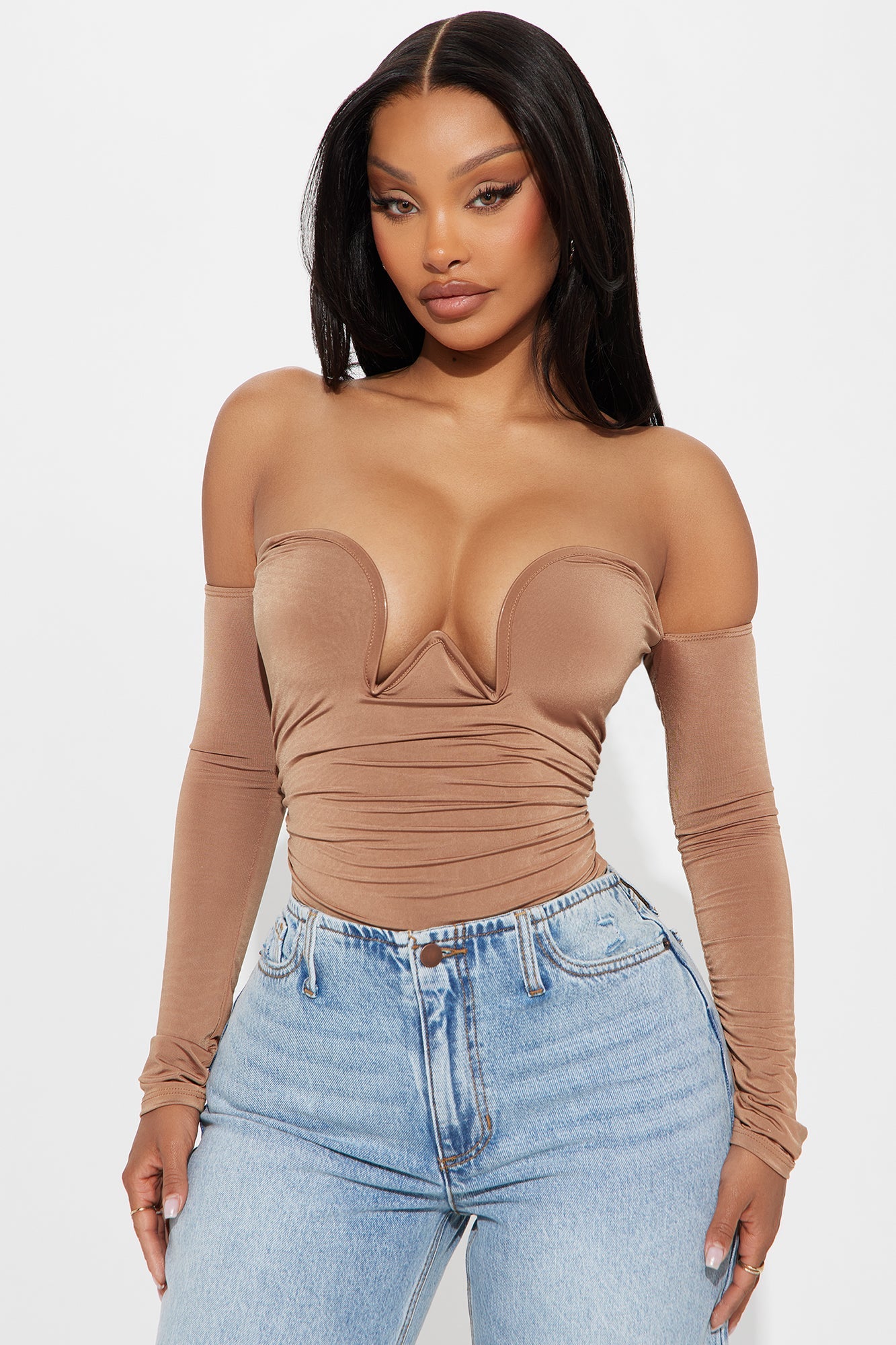My Approval Off Shoulder Long Sleeve Bodysuit - Chocolate