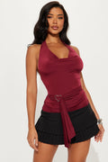 Kenna Ruched Cowl Neck Halter Top - Burgundy