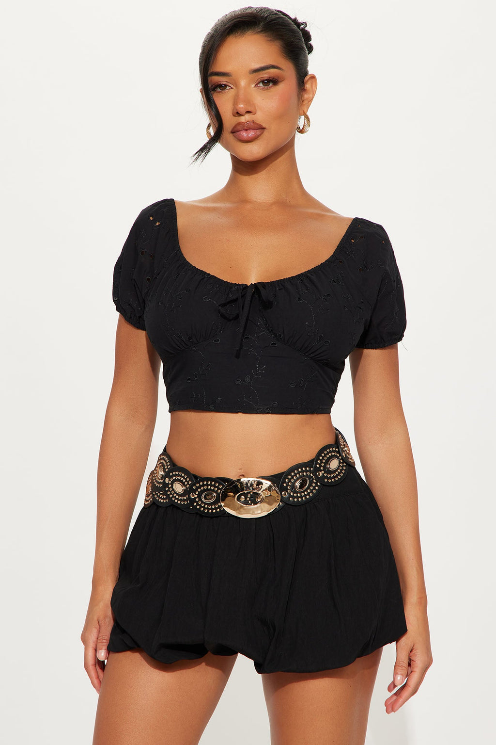 Tenisha Eyelet Puff Sleeve Top - Black