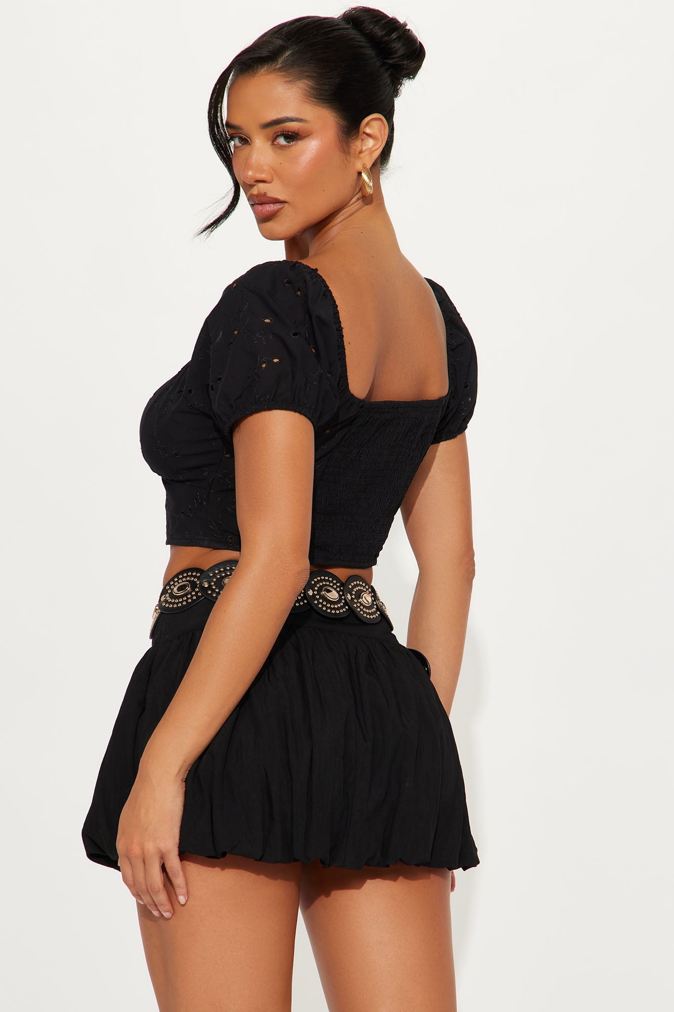 Tenisha Eyelet Puff Sleeve Top - Black