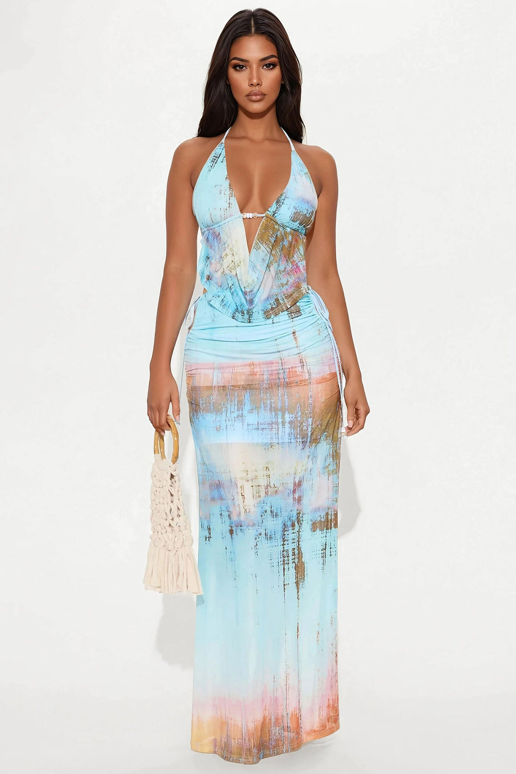 Summer Breeze Halter Top And Maxi Skirt Set - Blue/combo