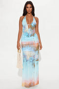 Summer Breeze Halter Top And Maxi Skirt Set - Blue/combo