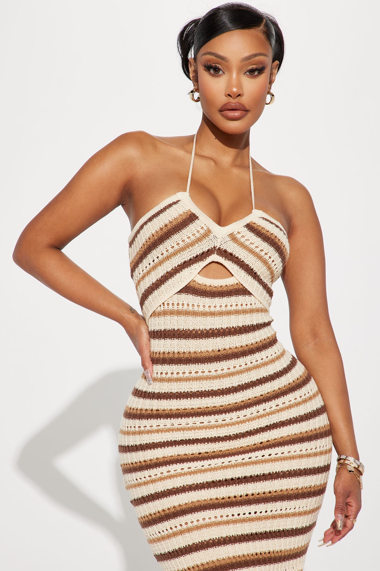 Knitted And Knotted Halter Midi Dress - Mocha