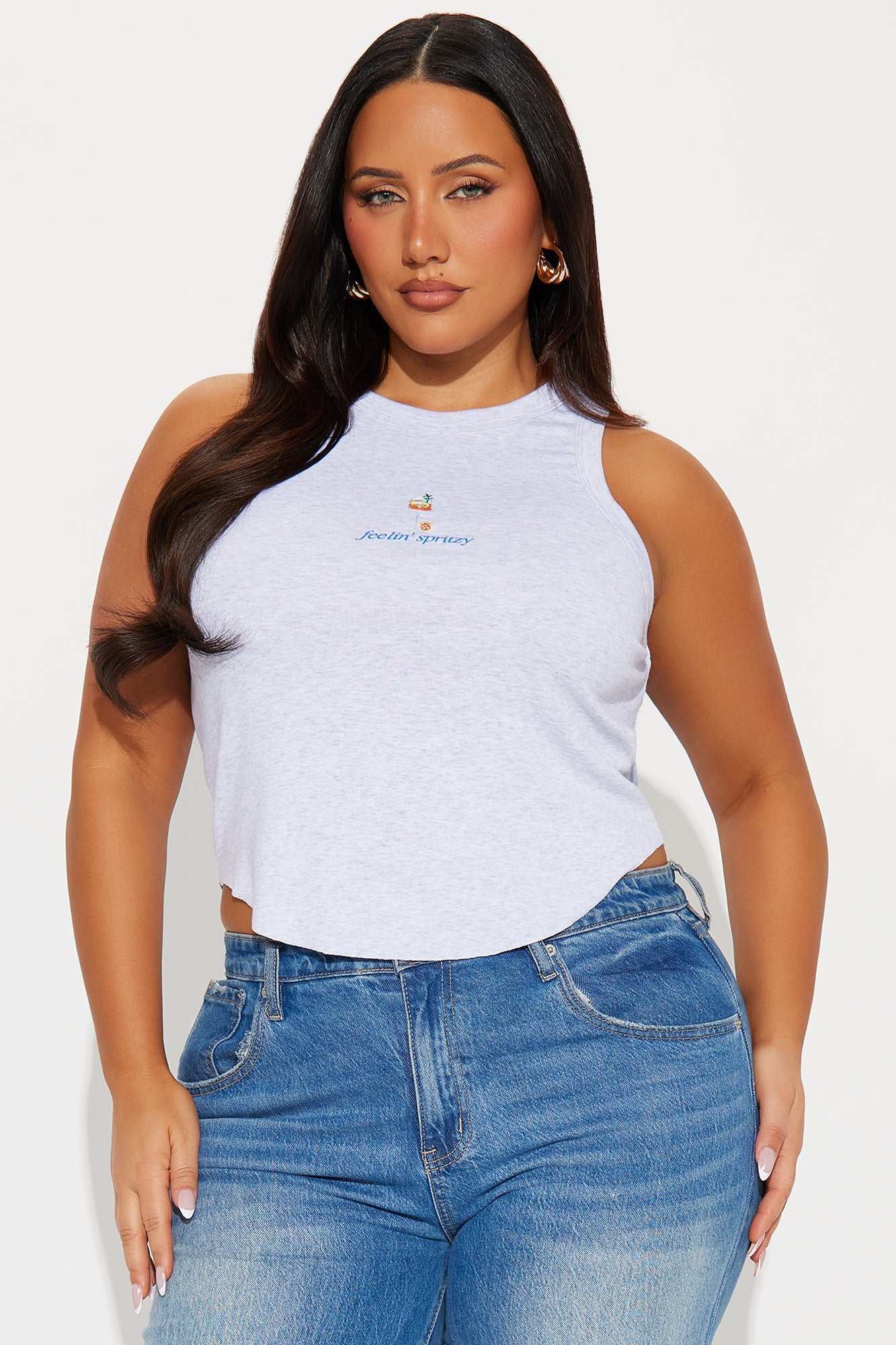 Feelin' Spritzy Embroidered Ribbed Tank Top - Grey