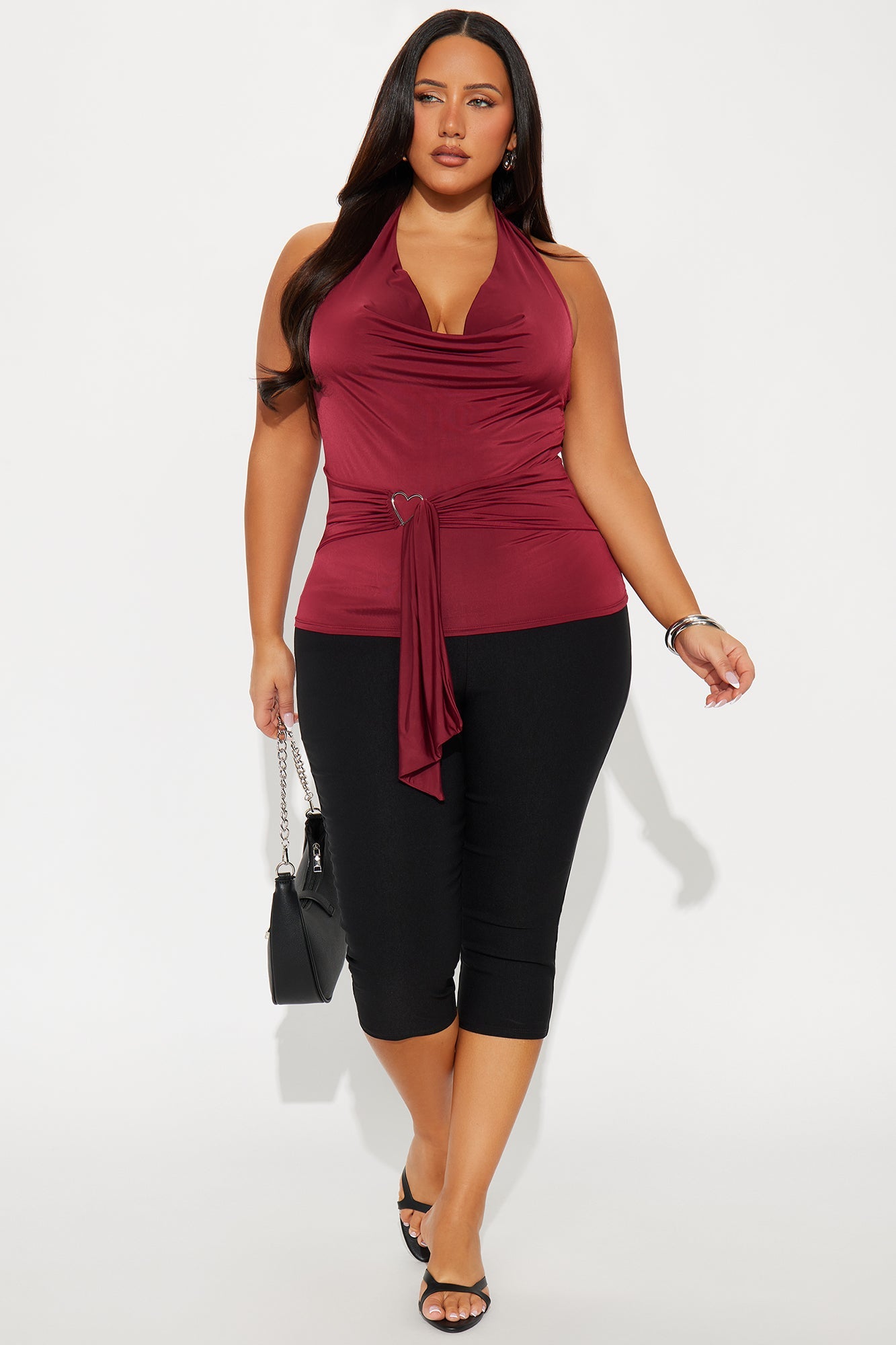 Kenna Ruched Cowl Neck Halter Top - Burgundy