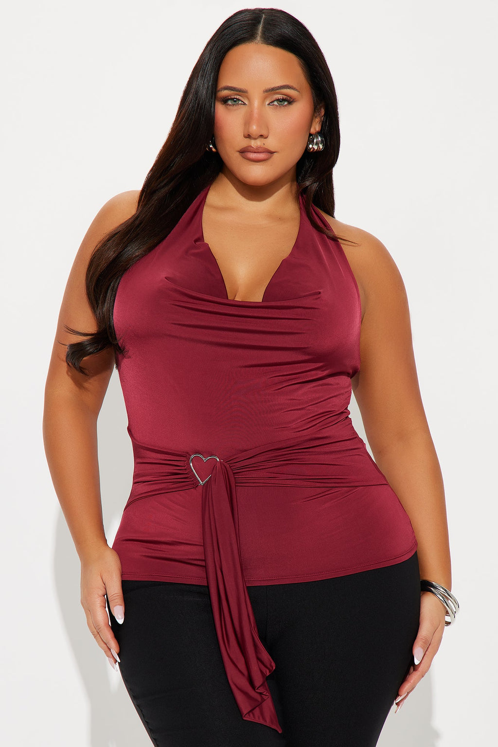Kenna Ruched Cowl Neck Halter Top - Burgundy