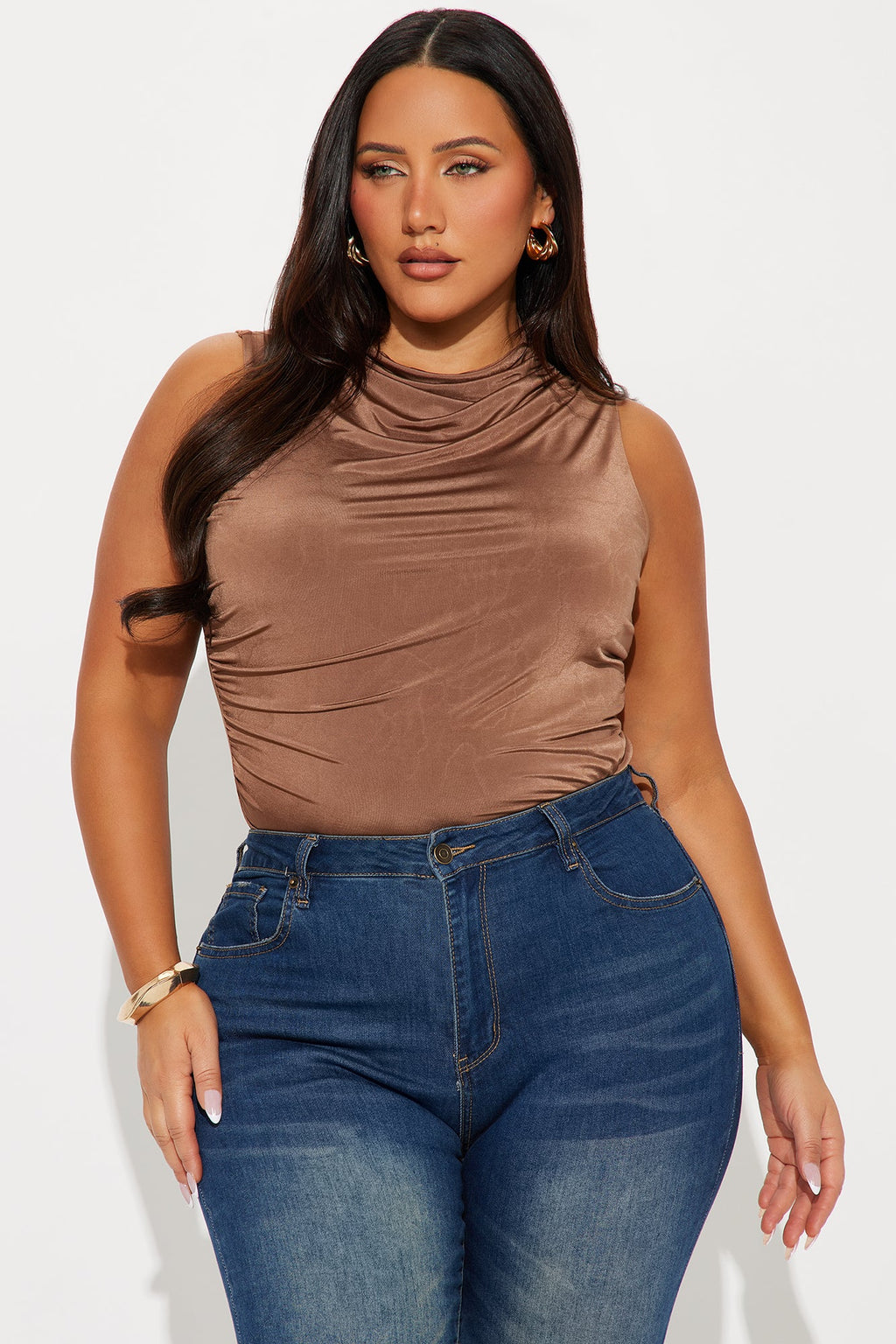 My Choice Ruched High Neck Bodysuit - Chocolate