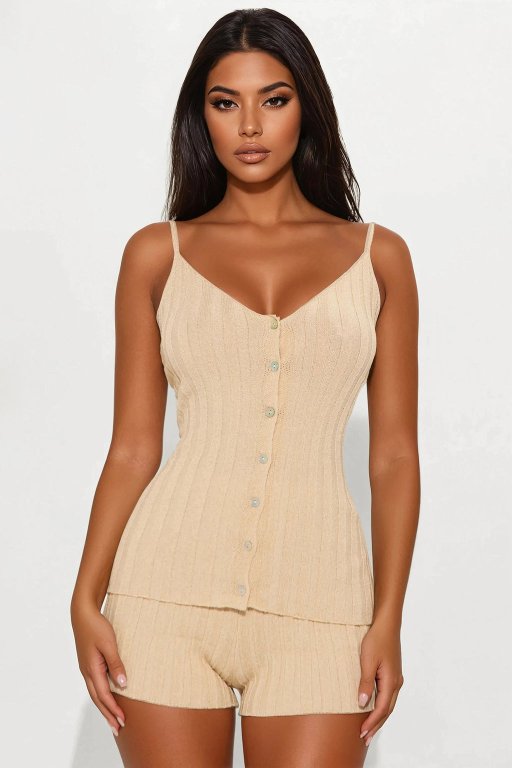 Mia Pointelle Sweater Short Set - Beige