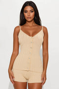 Mia Pointelle Sweater Short Set - Beige