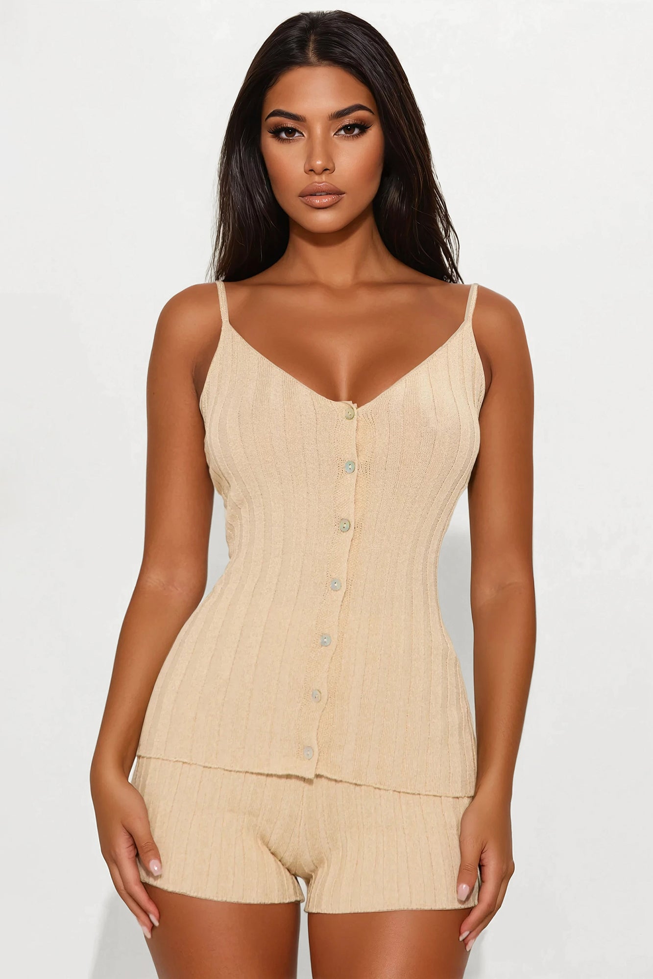 Mia Pointelle Sweater Short Set - Beige