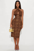 Hot Attraction Zebra Print Mesh Midi Dress - Brown