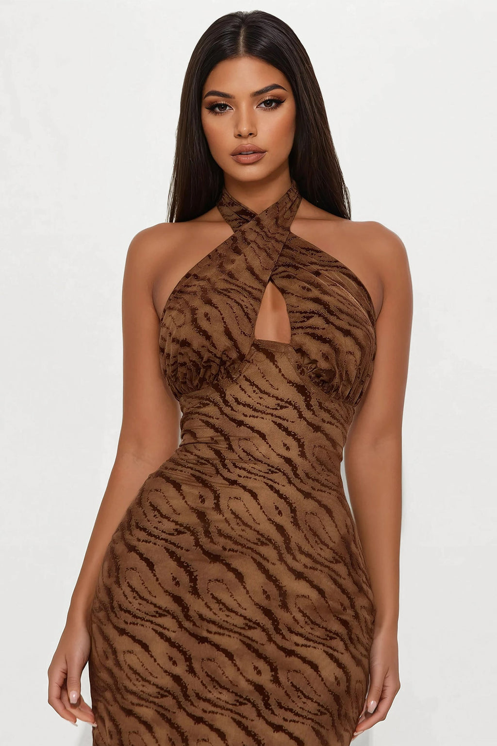Hot Attraction Zebra Print Mesh Midi Dress - Brown