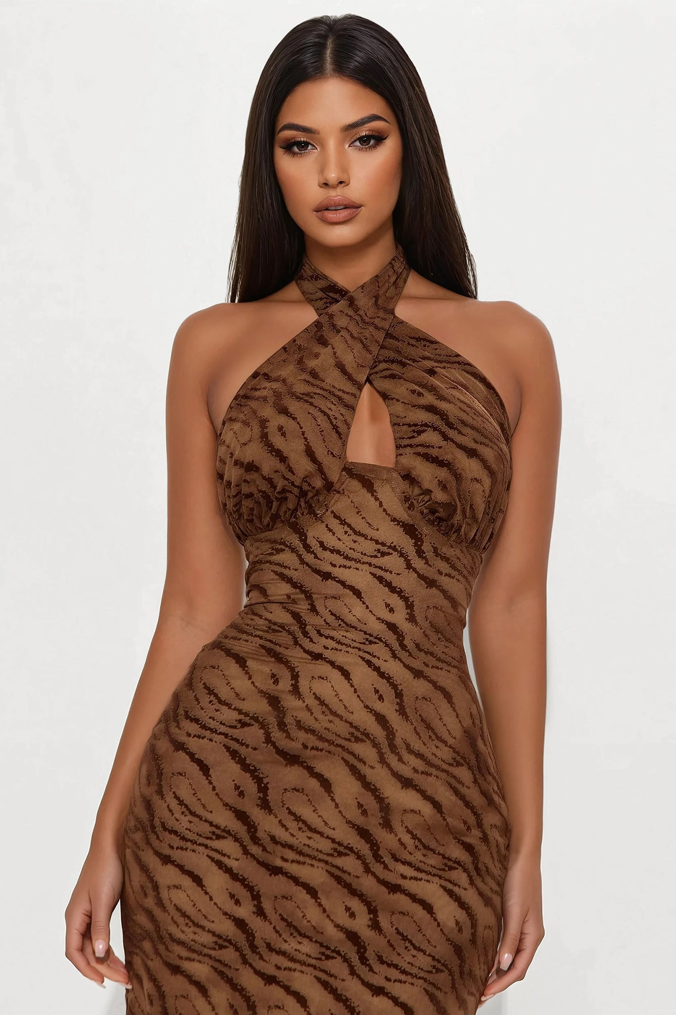Hot Attraction Zebra Print Mesh Midi Dress - Brown