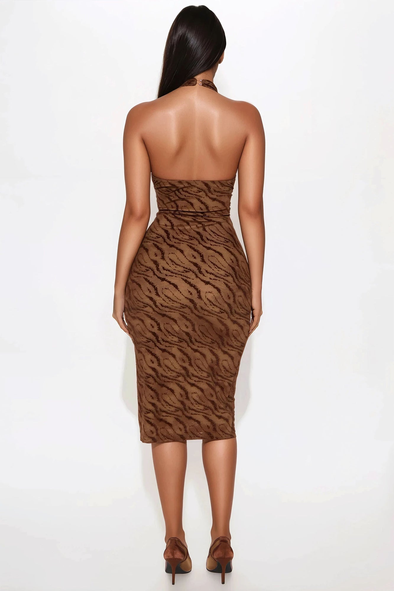 Hot Attraction Zebra Print Mesh Midi Dress - Brown