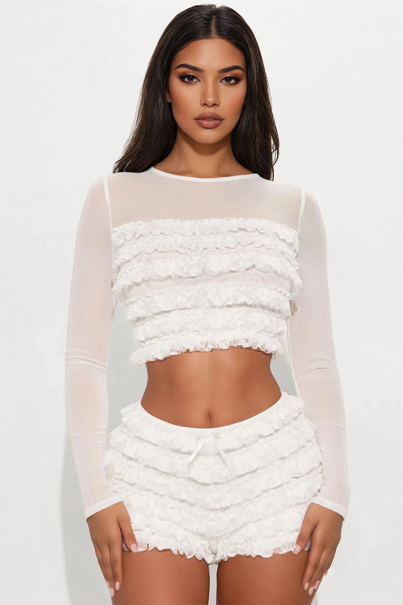Mia Ruffle Mesh Short Set - White