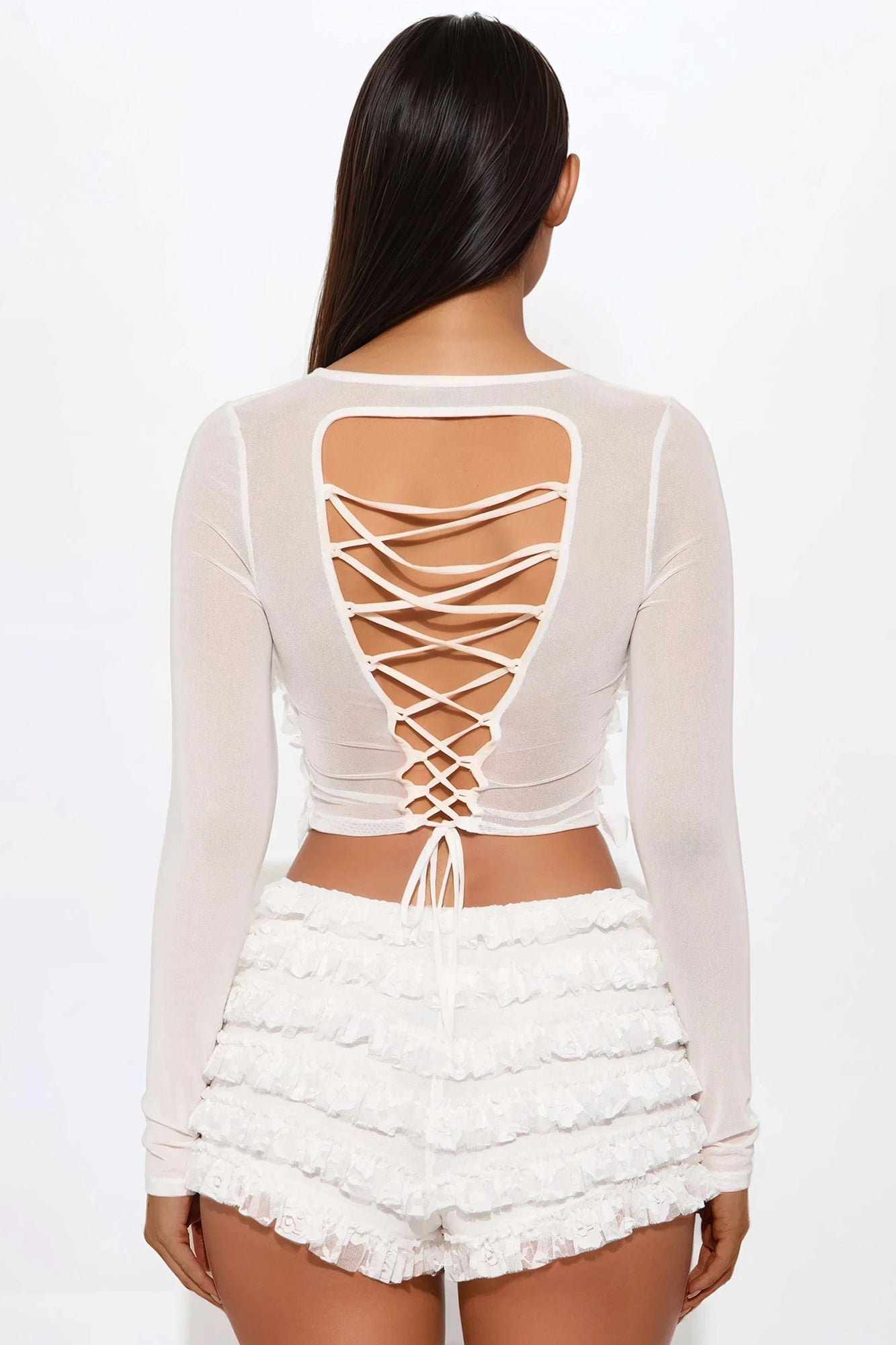 Mia Ruffle Mesh Short Set - White
