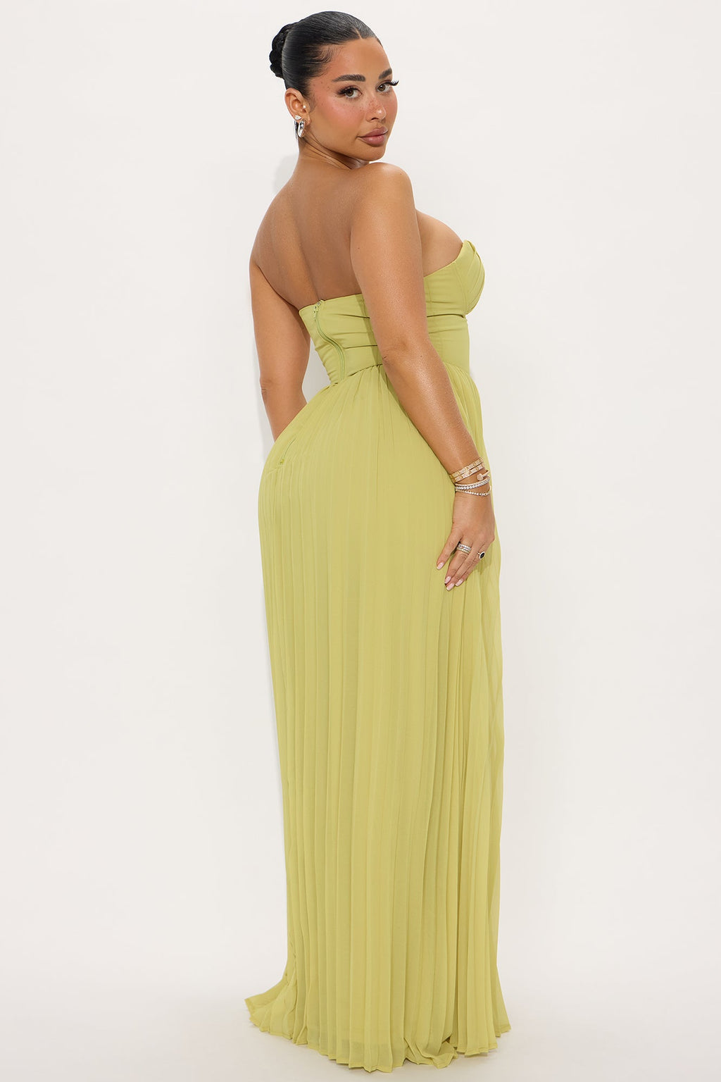 Stephanie Chiffon Pleated Gown - Chartreuse